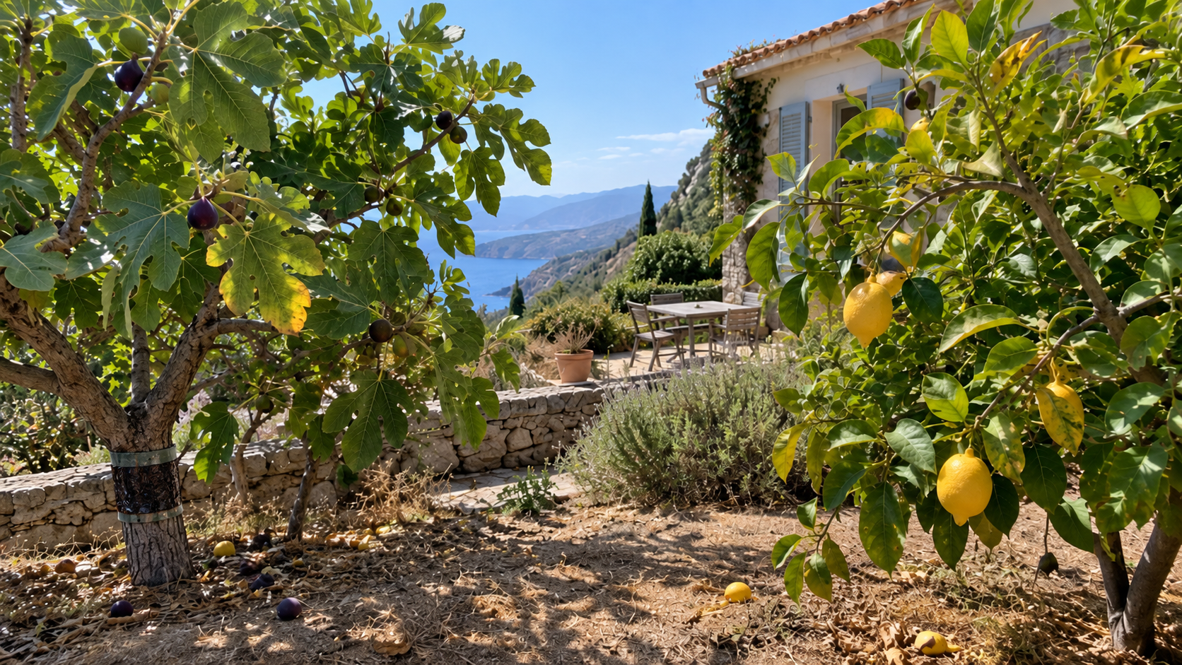 Arbres fruitiers dans un jardin en Corse avec bande de glu, fruits tombés et signes à surveiller
